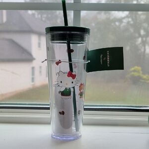 Tumbler - 24oz Starbucks Clear Tumbler with Hello Kitty and Green Straw